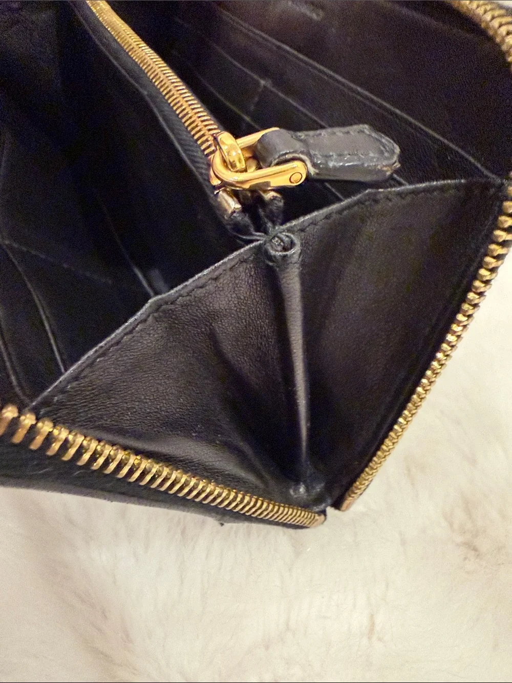 Prada Black Gathered Leather Zip-Around Wallet with Gold Logo
